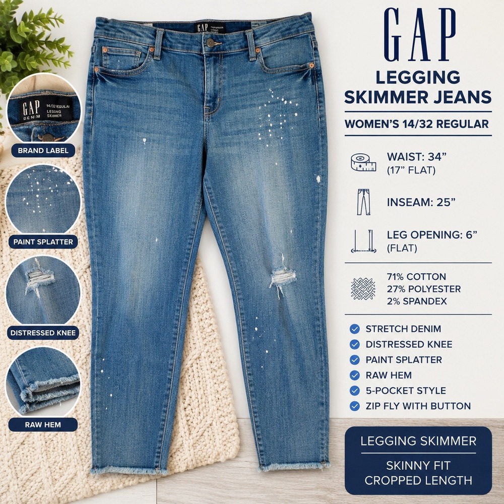 Gap Legging Skimmer Jeans Womens 14/32 Regular Blue Paint Splatter Distressed
